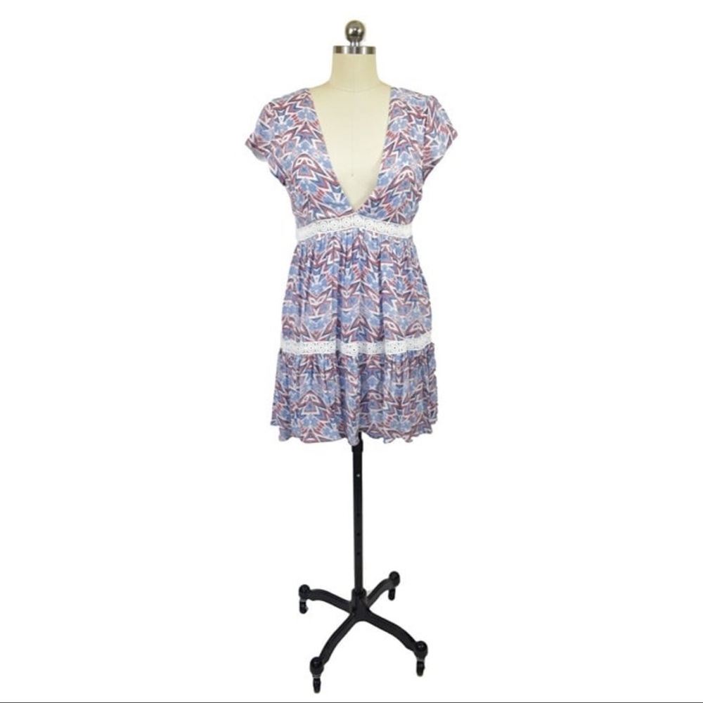 Sea Gypsies Dress Tunic Small Blue Brown Aztec Bohemian Crochet Festival